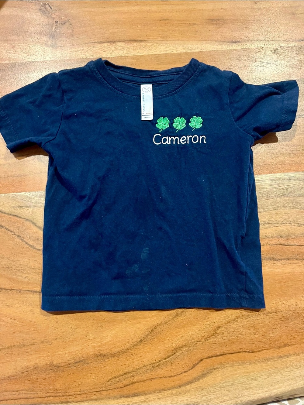 Personalized Cameron Navy Kids T-Shirt with Green Shamrock Embroidery